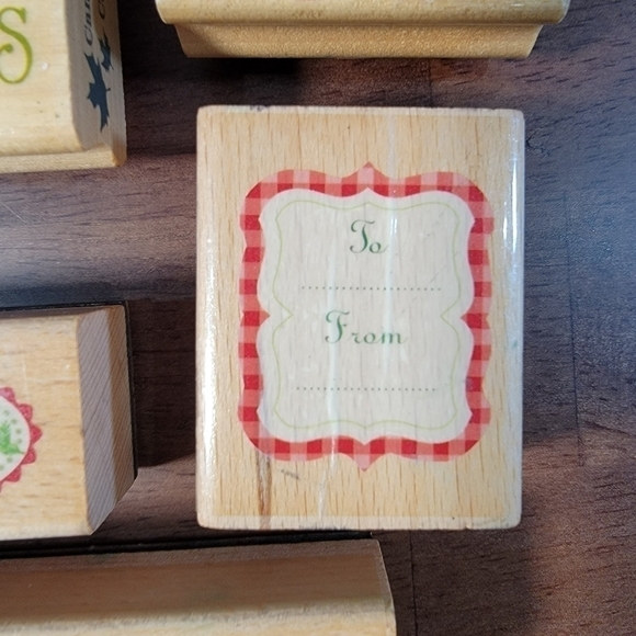 Lot of 5 wooden block rubber stamps for Christmas gift wrap crafting - Picture 3 of 10